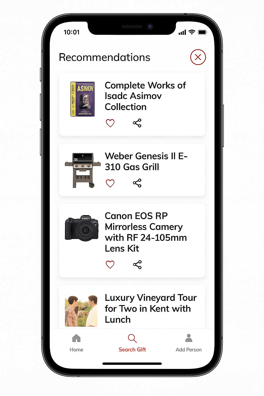 GiftSeek app showing smart gift suggestions based on personality and interests